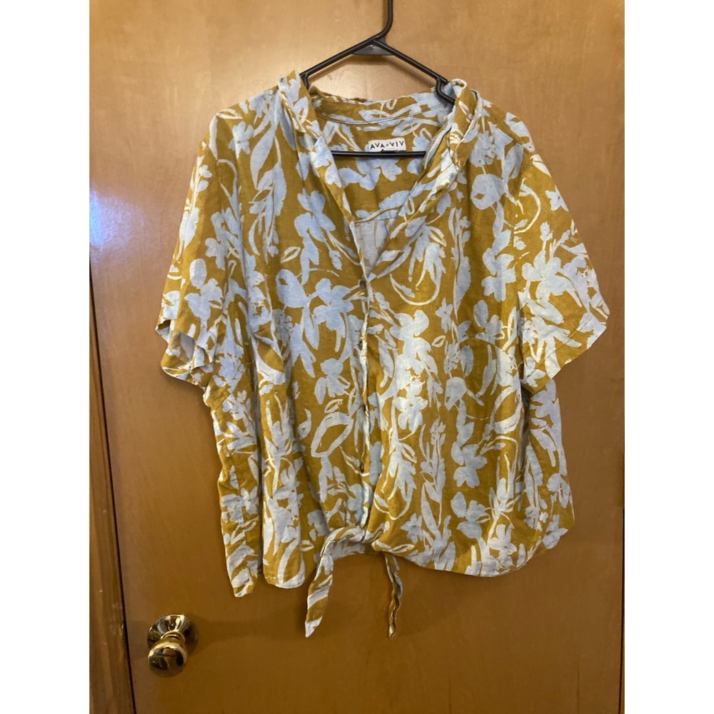 Ava Viv Linen Blend Camp Shirt No Gap Button-Up Top Floral Blouse Size 3X